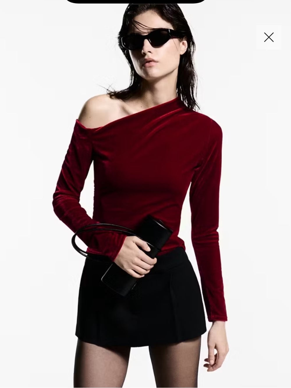 Mango Off-Shoulder Velvet Long-Sleeve Top - Burgundy